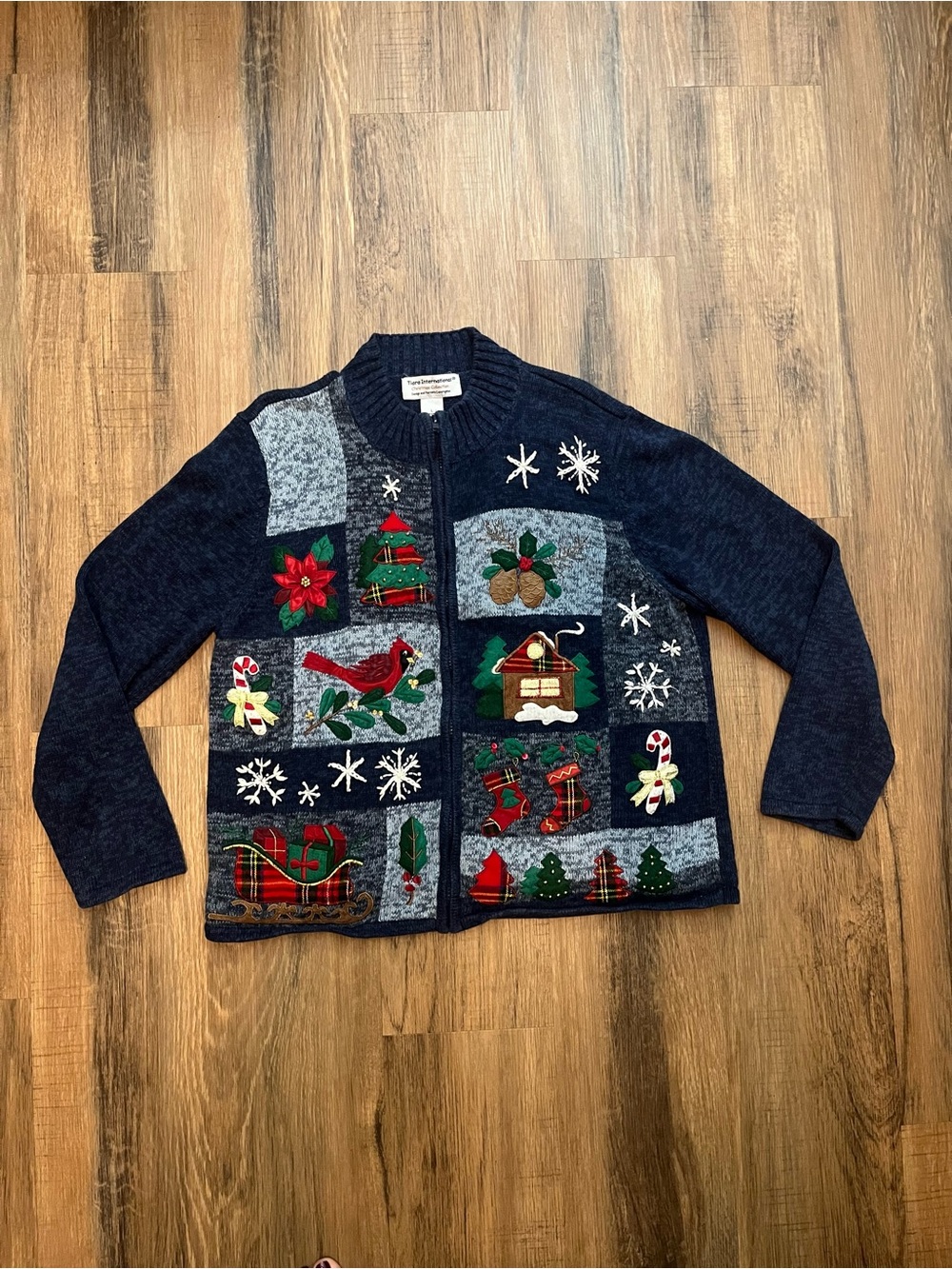 Vintage Tiara International Christmas Cardigan Sz Large Blue Patchwork Chunky